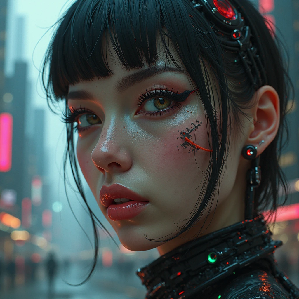 A Close-Up Portrait of a Futuristic Pretty sexy Woman, in Cyberpunk Dystopian Style