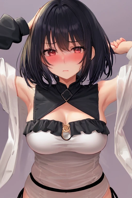 1 girl,upper body,black hair,stand,straight-on,red and blackeyes,masterpiece, best quality, very aesthetic, absurdres,shirt,Pasties