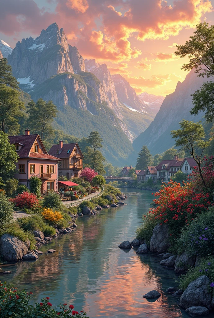 a small village by the river, mountains in the background, floral flowers colorful, detailed landscape, Beautiful natural landscapes, atmospheric lighting, scorching sunset, warm colours, practical, photopractical, Detailed Foliage, complex buildings, cobblestone street, Charming country house, swirly vibrant colors, lush vegetation, Still water reflections, Picturesque, idyllic, work of art, best qualityer, 8k, extremely detaild,anime styling