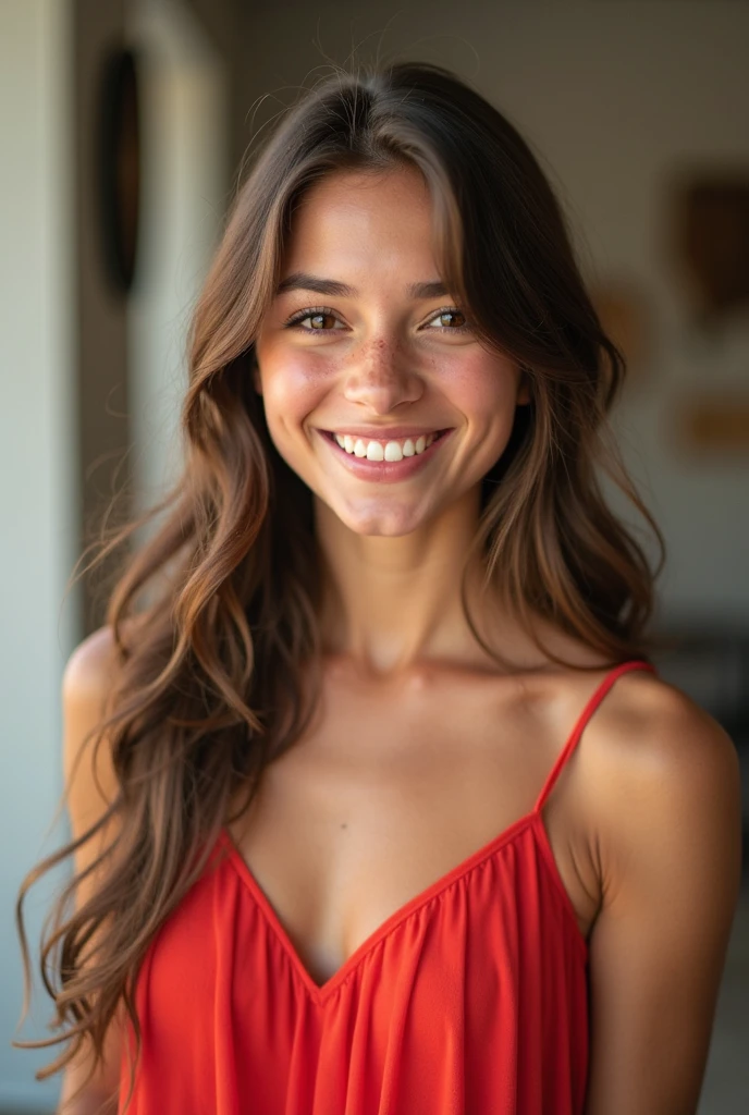 14 year old brunette , Linda, face perfect, gorgeous face, beautiful smile, with tank top, with red background