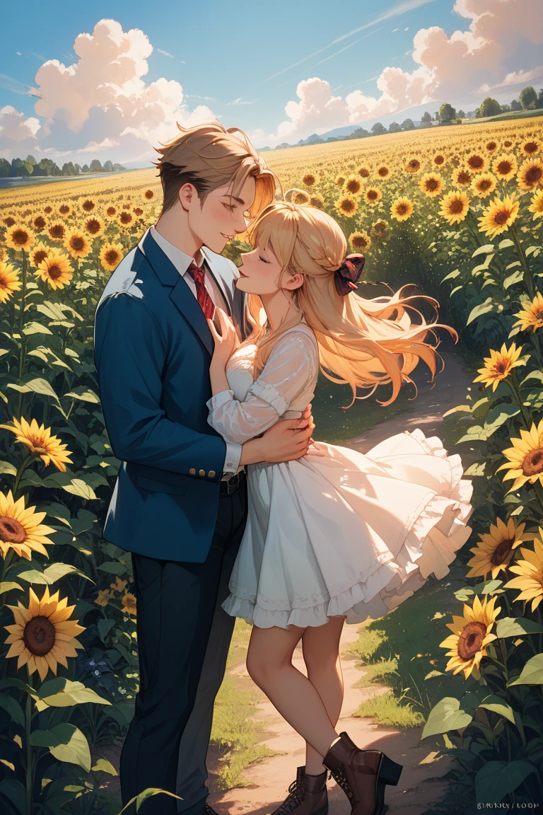 Scenery of a student couple shyly dating their first date in a sunflower field on a sunny day