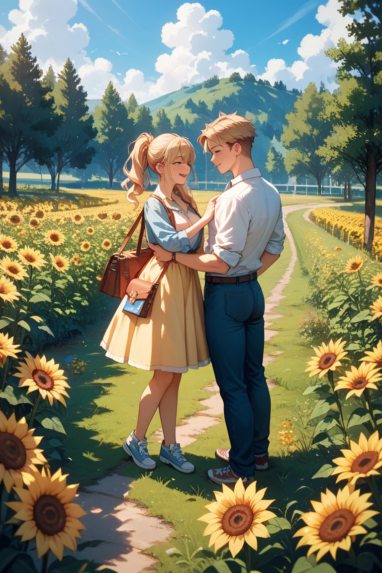 Scenery of a student couple shyly dating their first date in a sunflower field on a sunny day