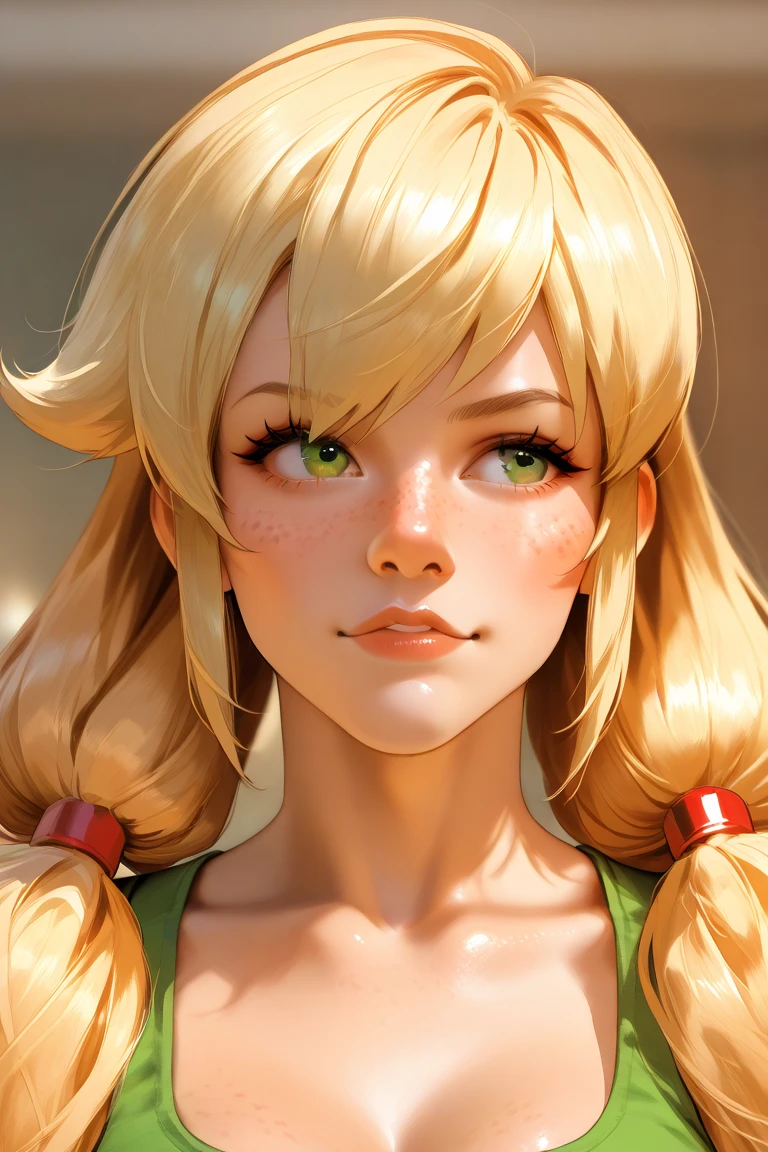  Applejack y Videl San fusiónadas In a harmonious way Applejack's hair and Videl's pigtails Hippier realistic detailed lifelike round snub nose 