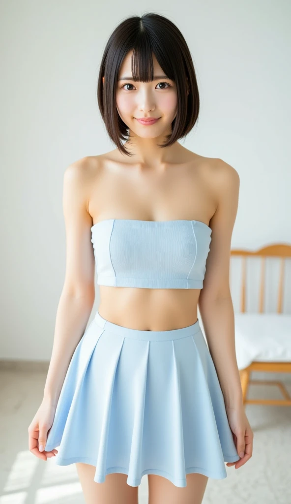 Two 10-year-old, Japanese elementary school girls, 110 cm tall and small titsed, (Flat chest), are walking to school and (((Walking to school with a randoseru))), wearing Baby blue thin fabric micro mini high cut skirt, Baby blue thin fabric micro mini high cut tank tops, ((The fabric is thin so it's see-through)), ((navel-baring)), (((The fabric is so thin that the shape of my nipples is clearly visible))), (((The fabric is so thin that you can clearly see the shape of my vagina through my panties))), (Look at my small titsed of Flat chest bust), (Nipples are also visible, from the front), ((Showing Nipples)), (loves to show off her cute naked), (She is her small titsed at Flat chest chest with her is not wearing underwear),