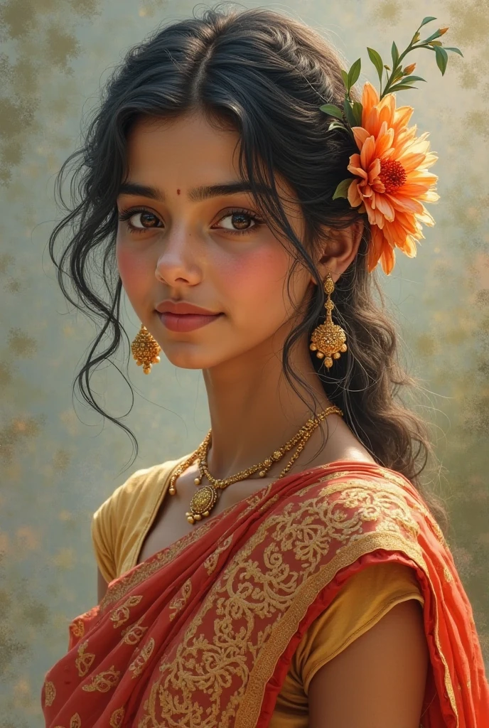 and she has a flower in her hair A very young beautiful girl is wearing a sari