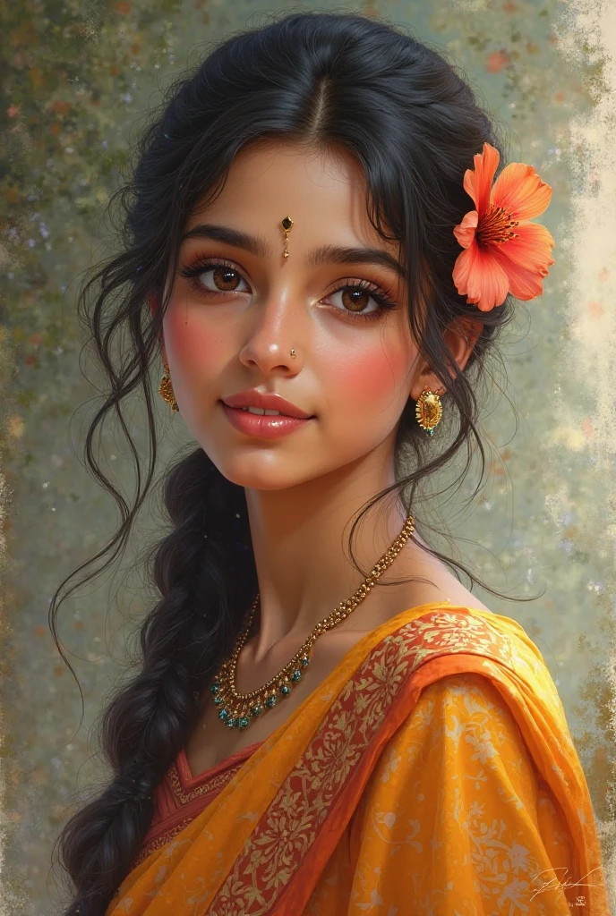 and she has a flower in her hair A very young beautiful girl is wearing a sari