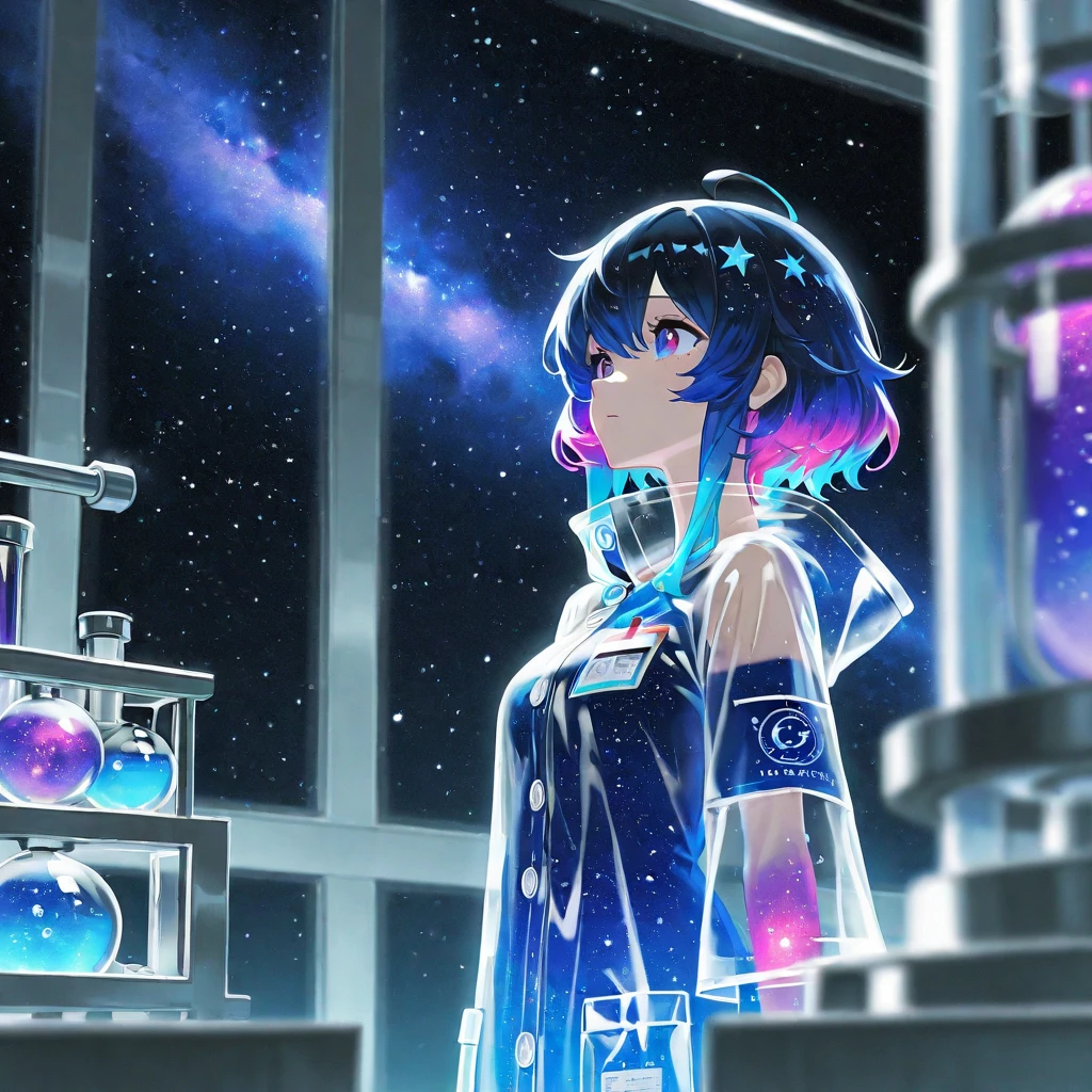 1girl, Solo，universe，starry sky，Blurry, High Resolution, Masterpiece, Best Quality, Detail, laboratory白大褂，laboratory，Multicolored Hair，Transparent raincoat，cry

