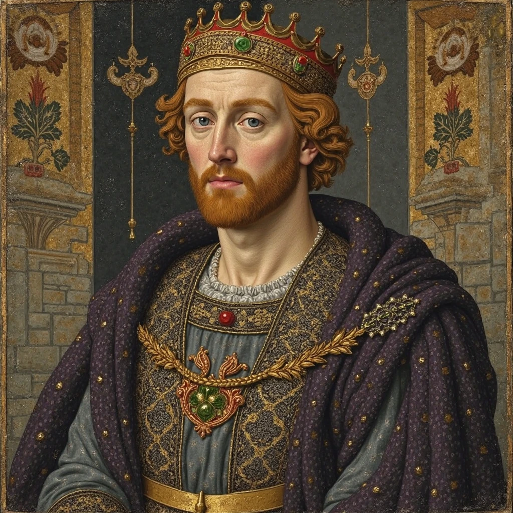King Edric III – 1345 (Age 35)
Medium: A tempera or gold leaf on wood panel, typical of early 14th-century portrait styles. The colors are faded, with minimal details. The face is not fully defined; it's more of a symbolic representation. The facial features are shaded, idealized, and given subtle outlines.
Face and Expression:
The face is not entirely clear, but it shows a strong, resolute expression: slightly shadowed, the features are not sharply defined. It's typically done with shading and golden/greenish tones to form the face. His eyes are calm, and his expression is cool, conveying internal strength.
The portrait is meant to symbolize the power and authority of the king rather than connect with the common people. The king is portrayed as a distant and imposing figure.
Clothing and Fabrics:
He wears a simple dark purple or navy woolen robe, embroidered minimally with gold thread. The robe is plain but elegant, reflecting the era’s minimalist royal fashion.
Thin lacework on the shoulders and collar adds a touch of refinement, but the embroidery is often basic and symbolic.
Armor and tunic: Beneath the robe, he would wear a gray or brown leather tunic with a simple leather belt—more focused on functionality than opulence.
Crown and Accessories:
He wears a simple gold circlet, modestly adorned with small green stones and simple gold craftsmanship.
Jewelry is rare: possibly a carved signet ring or a short chain with a royal emblem. Jewelry often symbolizes internal power, nobility, and faith.
Background:
The background shows plain, dark stone walls with traditional royal symbols. There is no throne, no sense of grandeur.
The king is depicted with only a simple crown and cloak, his royalty represented solely through symbolism. The portrait would focus more on the presence and authority of the king than on visual wealth.