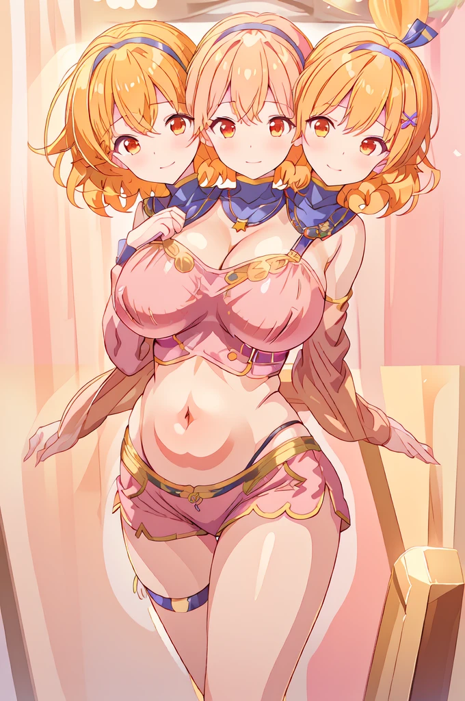 (masterpiece, best quality), best resolution, (3heads:1.5), 1girl, light orange hair, flowing hair, smiling, soft smile, open belly, pink crop top, pink miniskirt, open breasts, huge tits, sexy pose, beautiful eyes, orange eyes, alluring presence, beautiful eyes, detailed eyes, ribbon on the back of the head, head band
