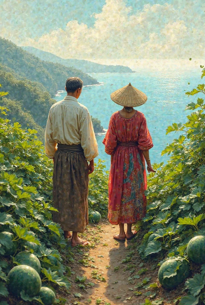 Image of an ancient Vietnamese couple Mai An Tiem tending to a lush, fruitful watermelon garden by the sea. The wife wears clothes, the husband wears a loincloth.