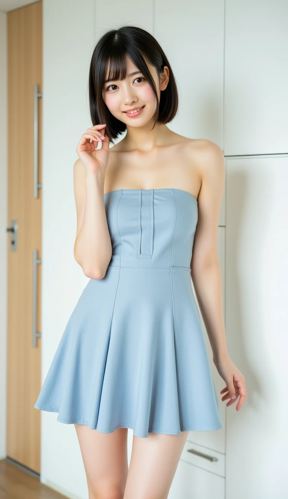 Pom Klementieff in short v-neck strapless dress smiling