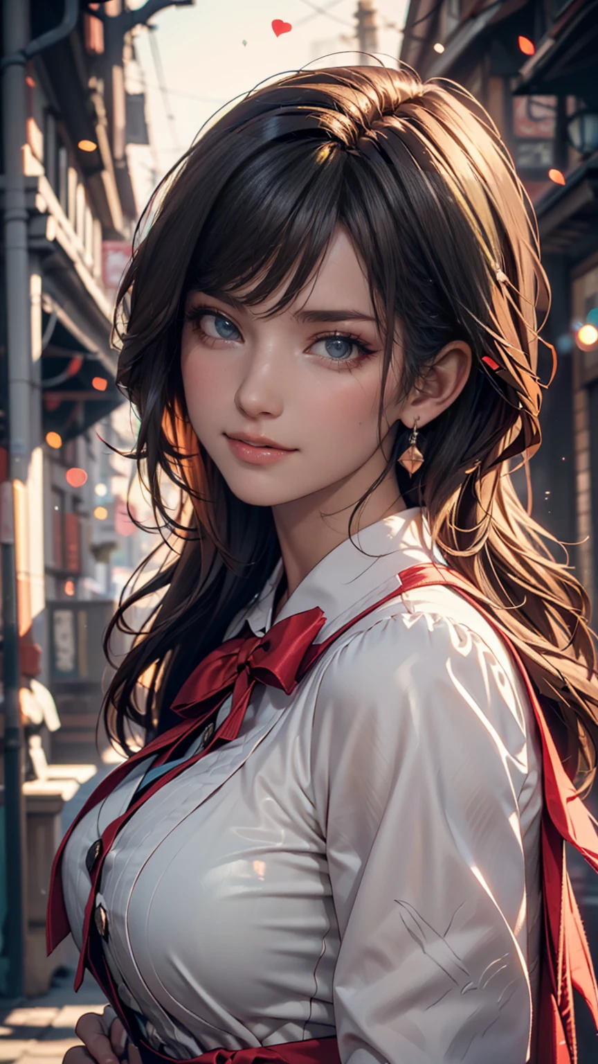 (top quality,masterpiece:1.3,super high definition),(very detailed,caustics,8k),(photorealistic:1.4,RAW shooting),1 girl,(smiles at the camera、 look down),(front shot:1.1),( facing forward ),18 years old,cute,Japanese, black short ponytail,uniform,glamorous,(big ),( close-up),(bust focus),street,SUNSHINE,natural light,(backlight),(bright light shines in from behind),(lens flare),PROFESSIONAL LIGHTING,(cowboy shot),(Low position:1.3),( Low Angle :1.3)