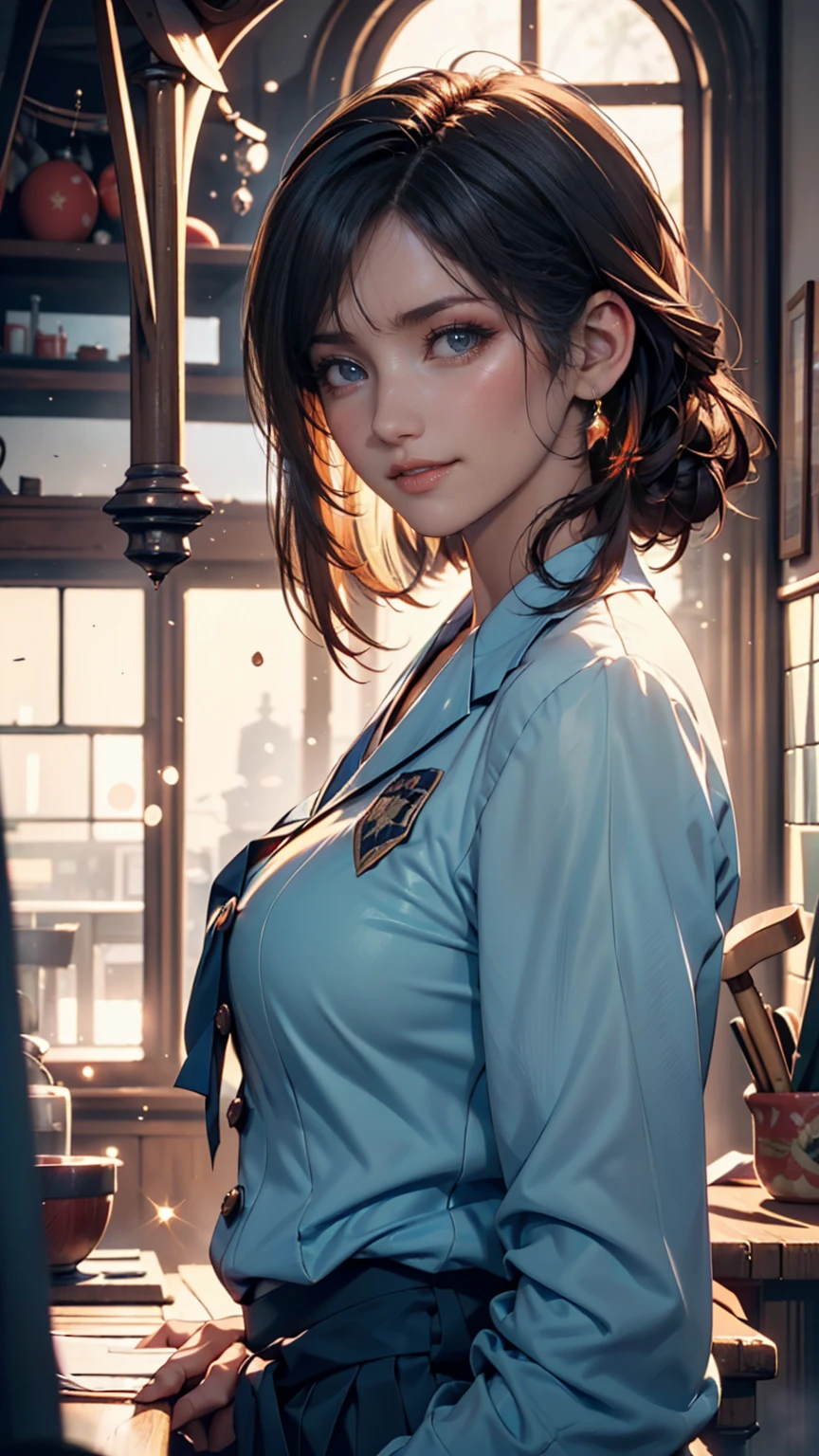 (top quality,masterpiece:1.3,super high definition),(very detailed,caustics,8k),(photorealistic:1.4,RAW shooting),1 girl,(smiles at the camera、 look down),(front shot:1.1),( facing forward ),18 years old,cute,Japanese, black short ponytail,uniform,glamorous,(big ),( close-up),(bust focus),street,SUNSHINE,natural light,(backlight),(bright light shines in from behind),(lens flare),PROFESSIONAL LIGHTING,(cowboy shot),(Low position:1.3),( Low Angle :1.3)