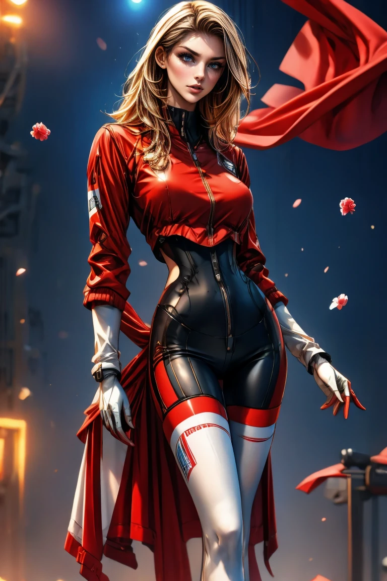 A full-body, ultra-detailed semi-realistic digital painting of a mature Polish woman in her early 40s, with a tall, toned, graceful figure that reflects classic Central European elegance. Her proportions follow a 10-heads-tall fashion model silhouette, with a modestly full bust, narrow waist, and long, shapely legs. Her posture is upright and relaxed, with a soft hip tilt that exudes calm confidence. Her skin is fair with a soft white tone and cool undertone, glowing naturally.
Her facial features are sharply defined—high cheekbones, a long straight nose, and a V-shaped jawline. Her eyes are almond-shaped, elongated, and slightly upturned at the outer corners, creating a cool, fox-like gaze beneath delicately arched brows. Her lips are medium-thin with a well-shaped Cupid’s bow, shaded in muted rose. Her makeup is clean and cool-toned: sculpted taupe eyeshadow, soft smoky shading below the eyes, and highlight accents to enhance her bone structure.

She wears a sleek race queen outfit inspired by the Polish national colors: a red and white zip-up crop top with silver trim and subtle structure, paired with an ultra-short asymmetrical skirt featuring red and white blocks and integrated black sponsor logos. Thigh-high white boots with red stripe accents and fitted red fingerless gloves complete her athletic, aerodynamic look. The suit reflects ambient light with a smooth, synthetic sheen and patriotic tone.

Her long blonde hair is sleek and waist-length, center-parted and naturally styled, flowing cleanly down her back without bangs or accessories.
She stands at a modern Polish racetrack with crisp architectural lines, national flags in soft focus, and cinematic cool lighting that highlights her confident, modern silhouette.
Masterpiece, best quality, semi-realistic, 8K resolution, cinematic lighting, hyperrealistic portrait, finely detailed, detailed eyes, soft fabric texture, cyber-race queen aesthetic.