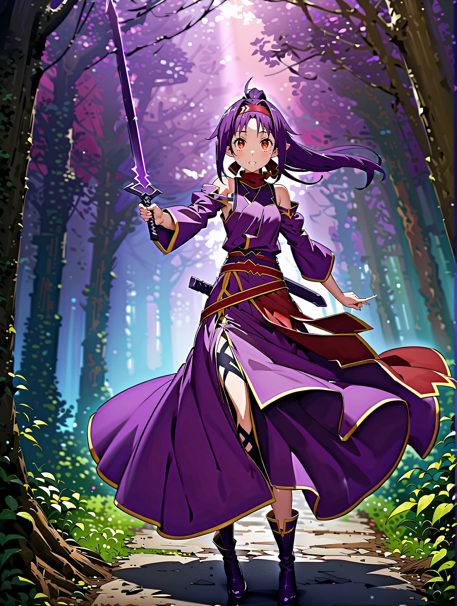 yuukikonno, Konno Yuuki, Headband, long hair, pointed ears, purple hair, stアップid hair,red eyes,ponytail,  purple kimono , purple spots , red scarf,boots,真swordな,
抜knife術の構え, Viewer, holding, weapons, sword, holding weapons, holding sword, standing, knife, sheath, sheathed,   combat posture, night ,Trail,full bodyがIllustration of both eyesに入るように,break outdoors,nature,forest,
break looking at viewer,full body,
break (masterpiece:1.2), top quality, high resolution,  Unity 8K Wallpaper , (Illustration of both eyes:0.8), (beautiful detailed eyes:1.6), has a very detailed face,  PERFECT LIGHTING, very detailed CG, (perfect hand, Perfect Anatomy),full body photo,