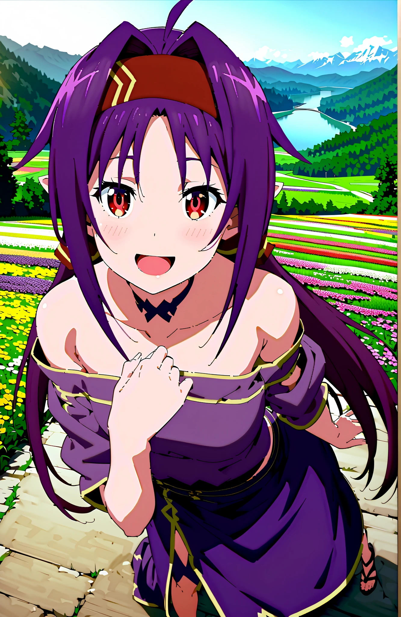 yuukikonno, yuuki konno, Headband, long hair, pointed ears, purple hair, red eyes,stupid hair,Low Twin Tails,smile,blush,open your mouth,Purple off-shoulder dress ,Purple Long Skirt ,Heeled Sandals,standing,Flower Field,Mountain,river,full bodyがillustrationsに入るように,break outdoors,nature,
break looking at viewer,full body,
break (masterpiece:1.2), top quality, high resolution, Unity 8k 壁紙, (illustrations:0.8), (beautiful detailed eyes:1.6), highly detailed face,  perfect lighting on the table, extremely detailed CG, (perfect hand, Perfect Anatomy),