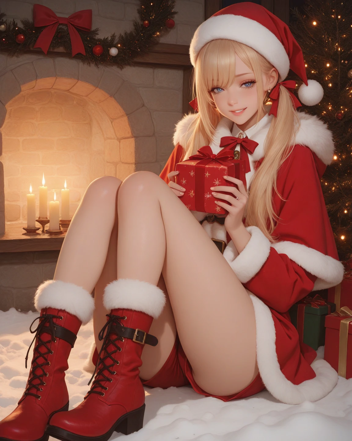 Barbara,red dress, white fur,((see through)), extremely detailed,(( thong))),grinning, realistic anime, red heels, (((Christmas))), cleavage, wide hips, 18 year old woman, sitting, blonde, ((small breasts))