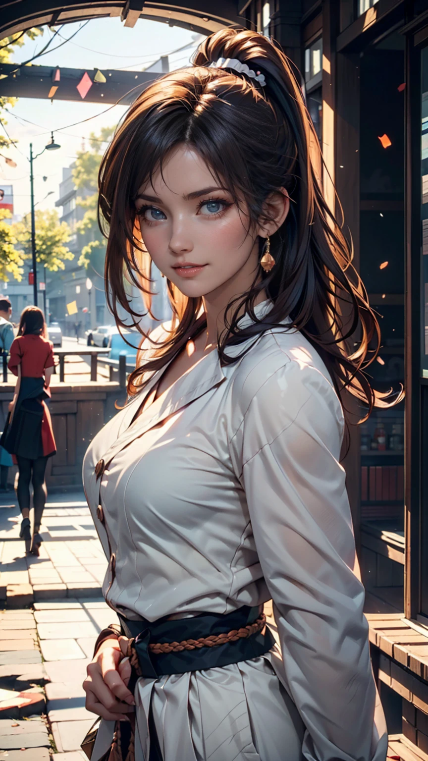 (top quality,masterpiece:1.3,super high definition),(very detailed,caustics,8k),(photorealistic:1.4,RAW shooting),1 girl,(smiles at the camera、 look down),(front shot:1.1),( facing forward ),18 years old,cute,Japanese, black short ponytail,uniform,glamorous,(big ),( close-up),(bust focus),street,SUNSHINE,natural light,(backlight),(bright light shines in from behind),(lens flare),PROFESSIONAL LIGHTING,(cowboy shot),(Low position:1.3),( Low Angle :1.3)