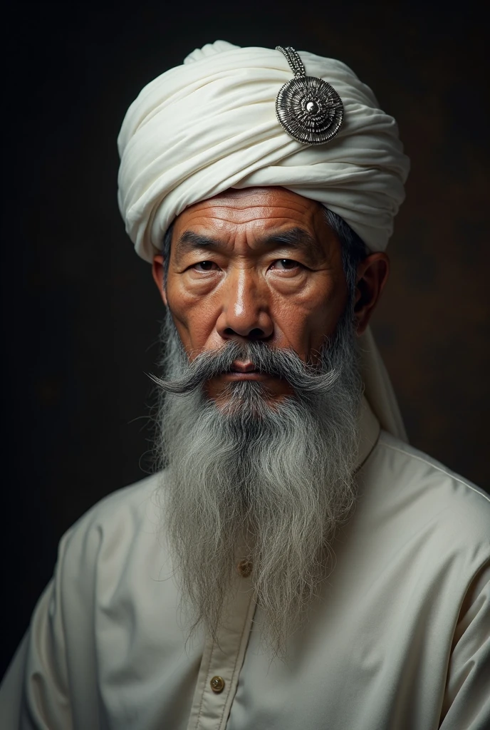 A young Indonesian man wears a white turban with a silver brooch on the front. His face is cute with a long gray beard. Lighting focuses on his face, dark background