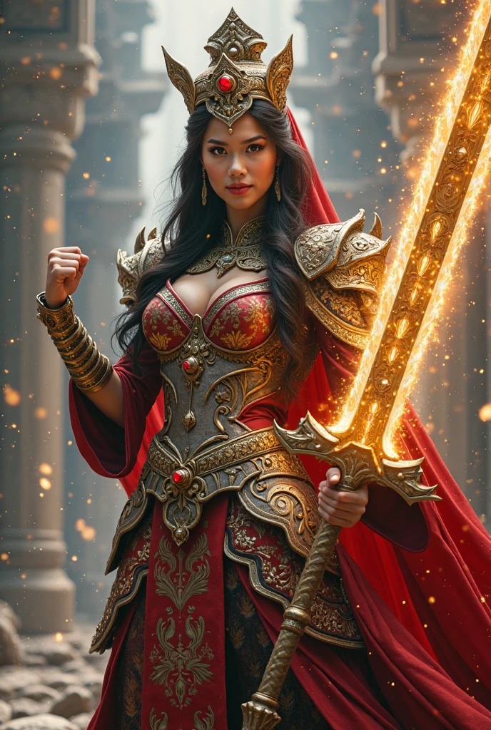 Ultra-realistic photo of a powerful big-breast fantasy beautiful Thai female full-armored mage with long hair,evil sly smile,wearing highly detailed red and gold Royal-Thai pattern with metallic gold textures and weathered surface armored, ** ancient royal-Thai ornament wide brim hat**, right hand holding a long gigantic royal Thai pattern-style glowing energy broad-sword , left fist to a camera ,cinematic lighting, sharp focus, shallow depth of field, high dynamic range, soft shadows, realistic materials, photo taken in a studio with fantasy heaven city background, 85mm lens, f/1.4, ISO 100, 8K photo