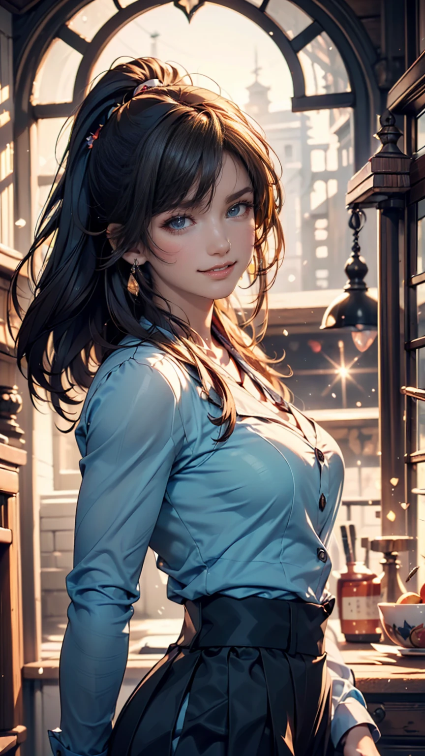 (top quality,masterpiece:1.3,super high definition),(very detailed,caustics,8k),(photorealistic:1.4,RAW shooting),1 girl,(smiles at the camera、 look down),(front shot:1.1),( facing forward ),18 years old,cute,Japanese, black short ponytail,uniform,glamorous,(big ),( close-up),(bust focus),street,SUNSHINE,natural light,(backlight),(bright light shines in ),(lens flare),PROFESSIONAL LIGHTING,(cowboy shot),(Low position:1.3),( Low Angle :1.3)