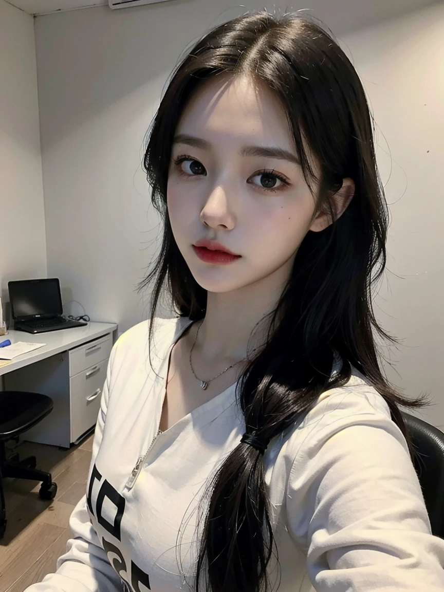 ((best quality, 8K, masterpiece :1.3)), 1 girl, whole body, beautiful woman, hidden face, very detailed face, very detailed eyes, double eyelid, long hair, black hair, face slimming, big bust, white dress shirt, black short skirt, office,