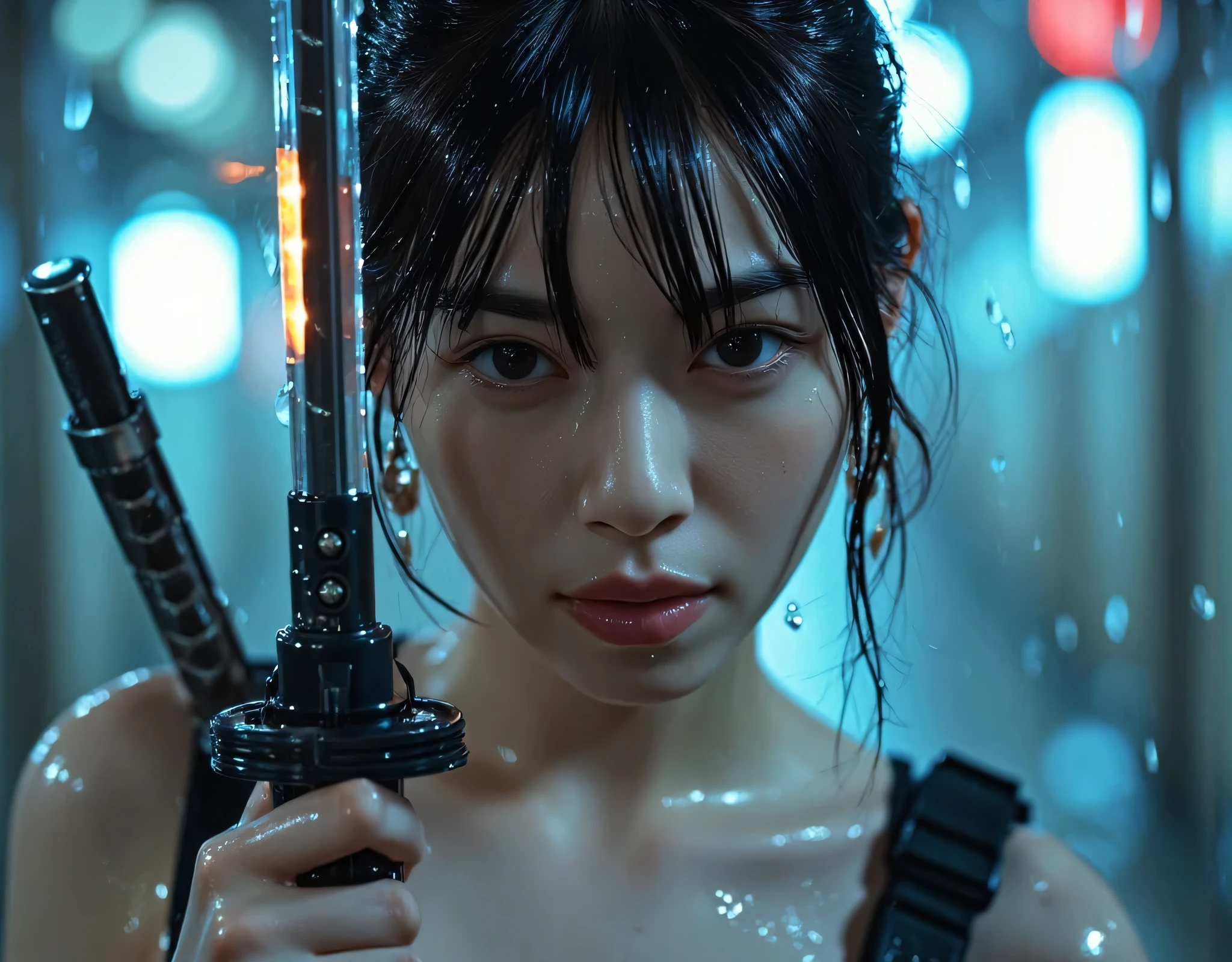 (((On a rainy night with a downpour:2.0))),(((HR Gigger style cyberpunk atmosphere:2.0))),(((Hold a cyberpunk-style Japanese sword:2.0))),(( points swords at viewers:2.0)),standing,((full body:2.0)),one woman,(cute face:2.0),(Beautiful well-balanced face :2.0),(black hair:1.5),(Beautiful Eyes:1.3),glamorous shot of an 18-year-old Japanese woman,Beautiful slender body,((model body type:2.0)),((slim body:1.7)),Perfect Body Line,ideal proportions,((big breasts:2.0)),((スリーサイズ90-55-87:2.0)),((G-cup breasts:1.5)),((No nipples:2.0)),Big Breasts,Bare thighs,Sensual Thighs,delicate body,(muscular:1.7),harmonious posture,((Realistic breast depiction :1.7)),wear a white costume that carefully depicts limbs based on perfect anatomy,Hold 2 cyberpunk-style submachine guns that light up with colorful LEDs,(((Translucent skin made of glass the same color as the skin:2.0))),((made of clear glass with the same color as the skin from the neck down:2.0)),(((Clear skeleton shining with LED:2.0))),((Tactical Holster:2.0)),((((Glass body:2.0)))),concept art,(top quality:1.5),(masterpiece:1.5),(超高resolution),resolution,UHD,(delicate depiction), carefully drawn with butterfly wings ,32k,((realistic skin texture:1.5)),(((super realistic:1.5))),carefully draw eyelashes,highly detailed face,Highly detailed female hand, Sexy appearance ,Extremely Sensual,(Blurry Dim Backgrounds :1.5),Professional Photography,(dynamic angle),(movie lights:2.0),((Blade Runner style lighting:2.0))