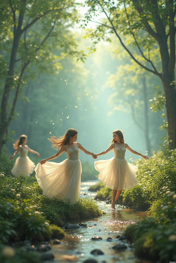 A magical forest setting where cute, beautiful women dance freely. A mysterious and expressive scene.