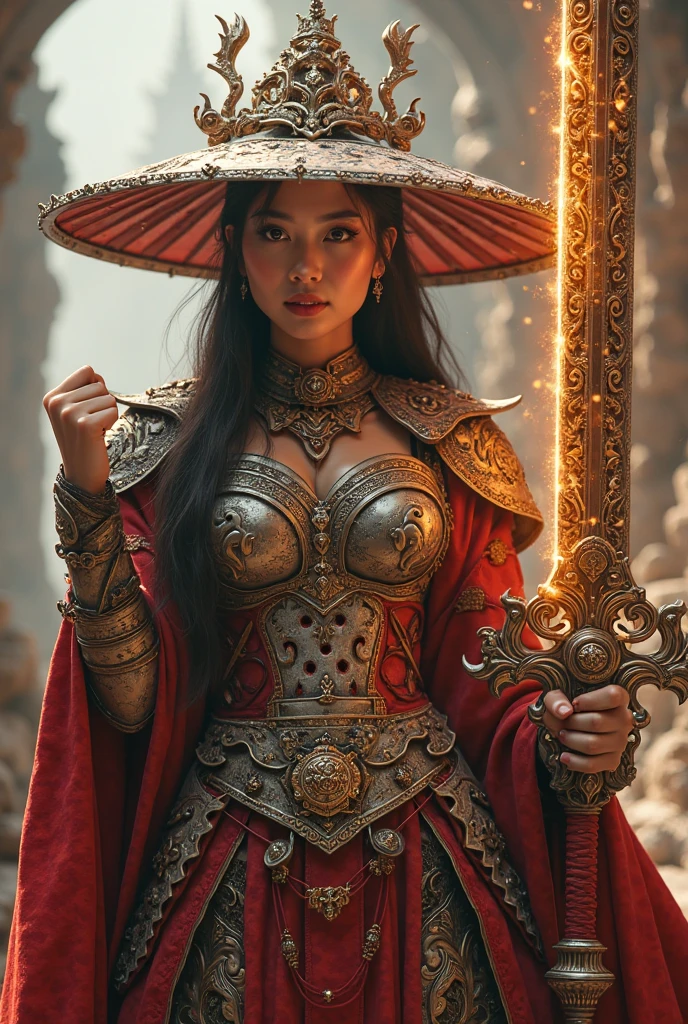 Ultra-realistic photo of a powerful big-breast fantasy beautiful Thai female full-armored mage with long hair,evil sly smile,wearing highly detailed red and gold Royal-Thai pattern with metallic gold textures and weathered surface armored, ** ancient royal-Thai ornament wide brim hat**, right hand holding a long gigantic royal Thai pattern-style glowing energy broad-sword , left fist to a camera ,cinematic lighting, sharp focus, shallow depth of field, high dynamic range, soft shadows, realistic materials, photo taken in a studio with fantasy heaven city background, 85mm lens, f/1.4, ISO 100, 8K photo