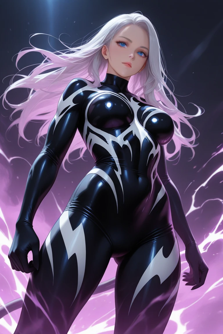 ((best quality)), (highly detailed:1.2), masterpiece, ((official art)),1girl, solo,beautiful face,
symbiote,spider gwen,SVGM,hood, completely black clothing, looking to the side, body to the side, the body is to the side