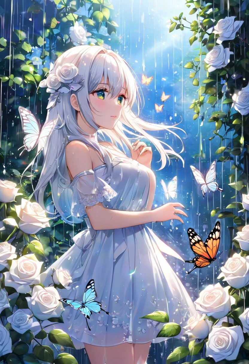 natural lighting, gentle smile, upturned cheeks, half up-do, floating hair, coquettish hair, slightly shining hair, dress, silk, satin, gloss, luster, see through, 1girl, solo, crystal, metallic gloss, amorphous dress, lighting fly, butter fly, morpho, jewelry, ornaments, antique, splendid, magnificent, flowers, spring ephemerals,