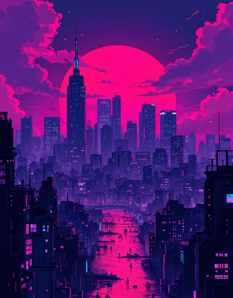 a purple and black poster with a city skyline in the background, 4 k hd wallpaper illustration, 4 k hd illustrative wallpaper, style of gta v artworks, masterpiece epic retrowave art, epic retrowave art, vaporwave city, retrowave art, gta loading screen art, gta art, cyberpunk landscape wallpaper, synthwave city, retrowave epic art