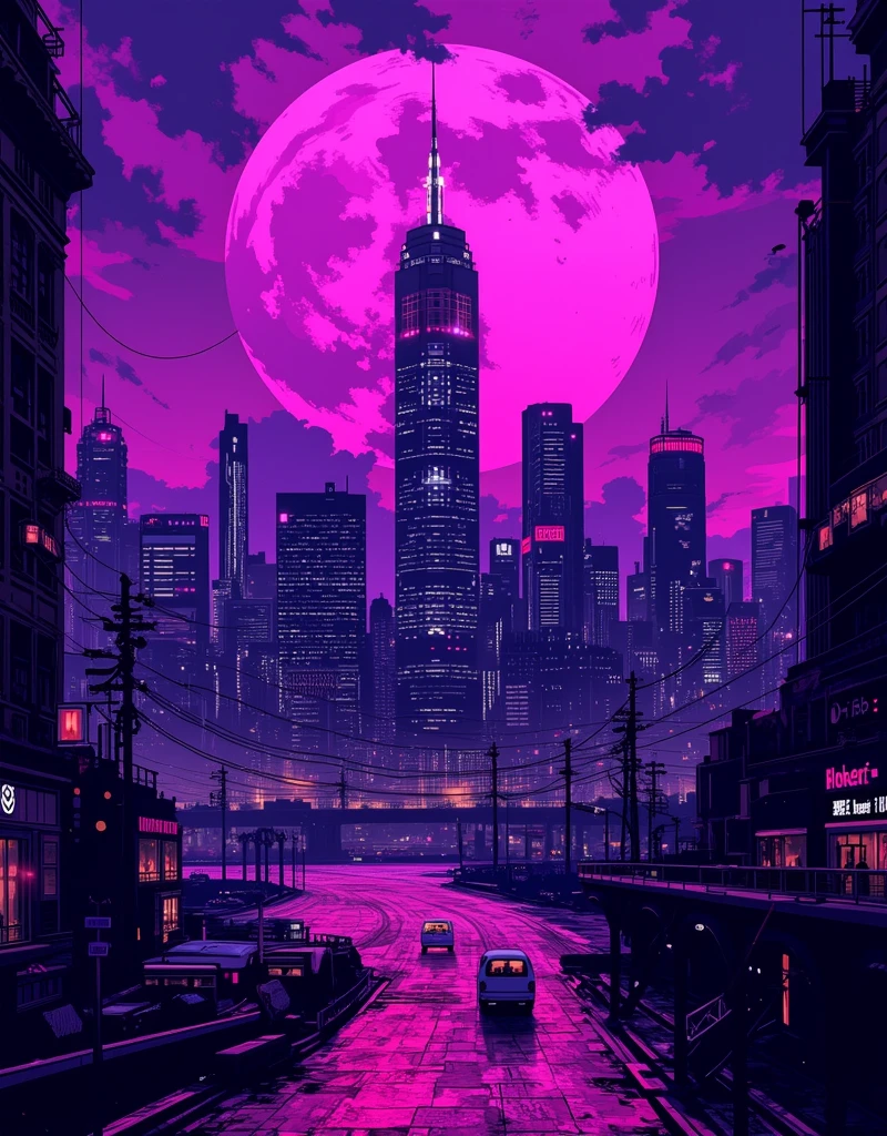 a purple and black poster with a city skyline in the background, 4 k hd wallpaper illustration, 4 k hd illustrative wallpaper, style of gta v artworks, masterpiece epic retrowave art, epic retrowave art, vaporwave city, retrowave art, gta loading screen art, gta art, cyberpunk landscape wallpaper, synthwave city, retrowave epic art