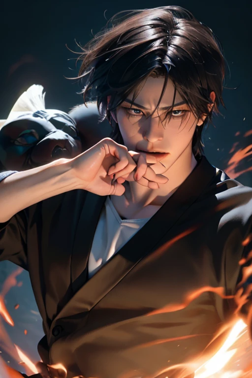 고화질, hyperrealistic, Masterpiece, fine detail, vibrant colors, Magical energy that reveals powerful witchcraft abilities is gathered in his hands. Referring to Touji Fushiguro,, strong expressions and movements is in the center. behind him. The main character's clothes are fluttering in the wind, and the protagonist with, The character's muscular body and determined eyes are gathered in his hands. An extremely detailed 3D rendering of a magic rotation Fushiguro Touji illustration.