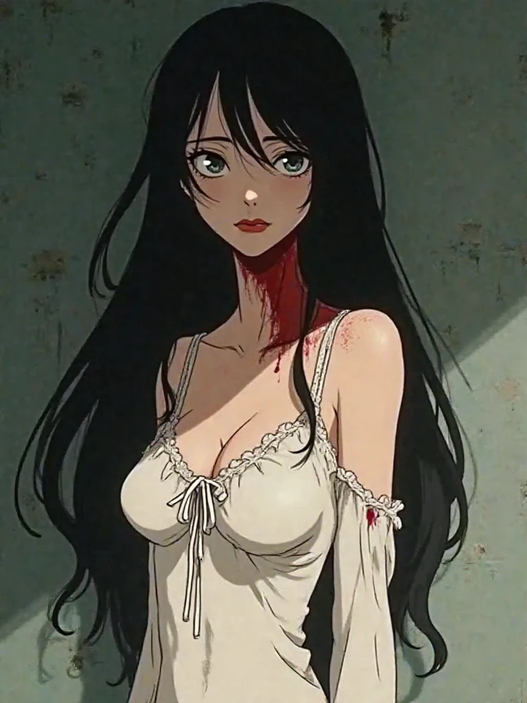 1 girl, Japanese, junji ito style, bloody white dress, no bra, blood, cleavage, being touched by many men, crying, manga, limbo, pain, suffering, hate, abuse, pure sadness,