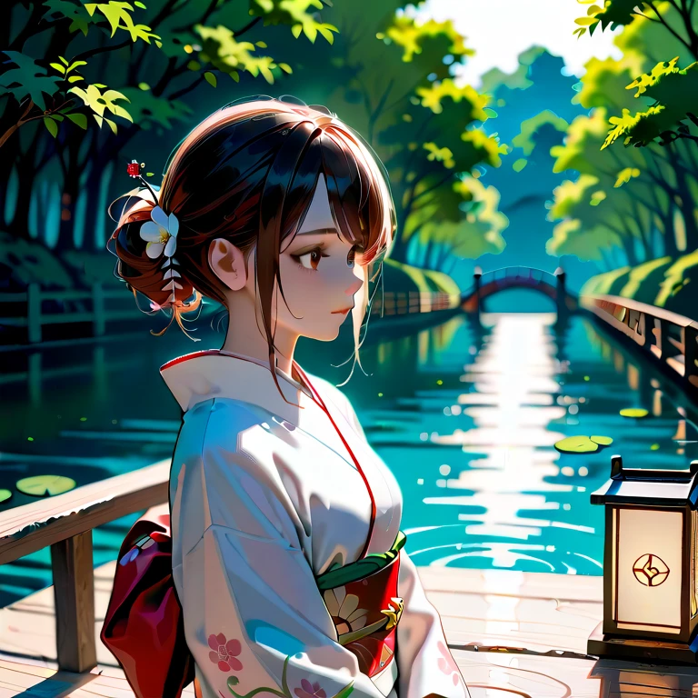 (top quality,high resolution),bright colors,sharp concentration,girl,wear,beautiful white floral kimono, traditional ,Japanese Culture,Elegant,quiet,Peaceful, hair tied,Wonderful,Flower Hairpin,delicate,detailed,Soft fabric, flowing lines , elegant aesthetic ,delicateな刺繍, Blossoming Flowers 々,iconic beauty and purity,quiet garden background,Zen-like atmosphere,subtle sunlight filtering in,soft shadow,quiet, calm, traditional  wooden bridge,Rippling Water,Harmony, traditional  lanterns casting a warm glow,bright colors彩と控えめな背景の対比,breathtaking artwork.