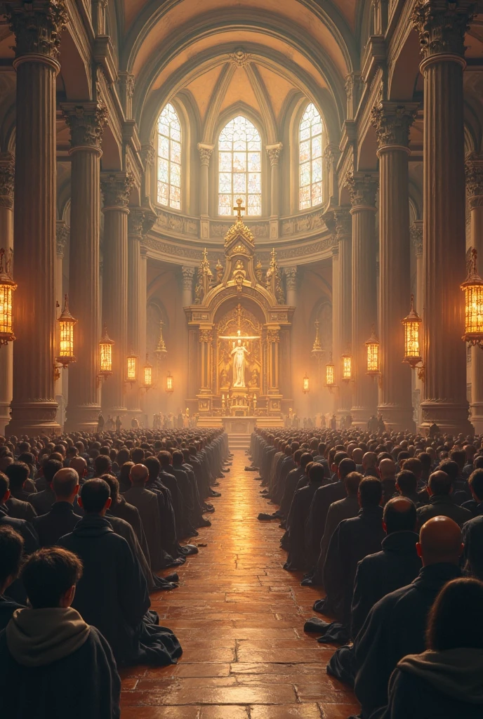 hundreds of people kneeling down inside the church
