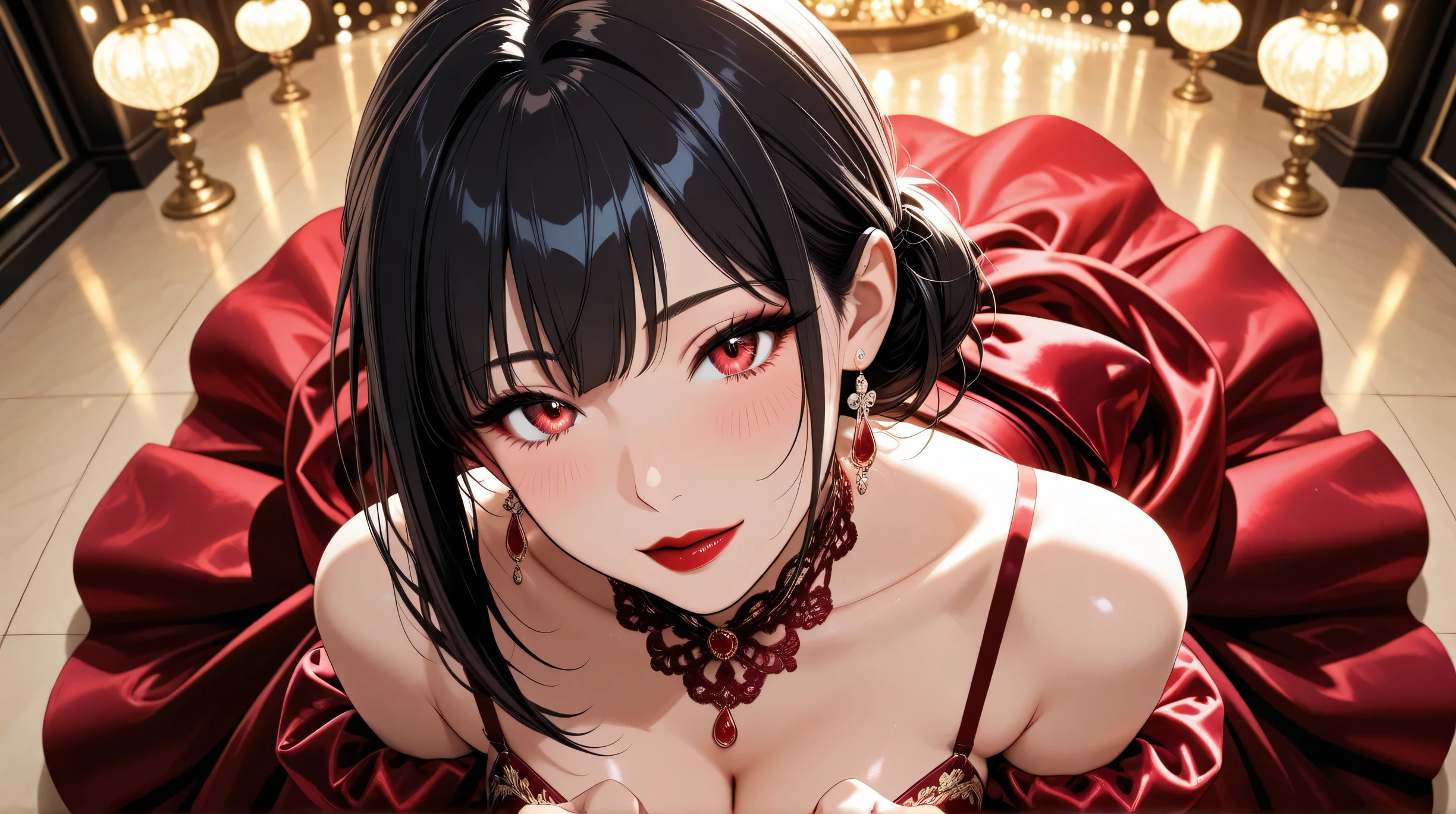 Masterpiece, Best Quality, Top Quality, Very Detailed, 1 girl, An elegant anime girl with long silky black hair and deep red lipstick, wearing a luxurious red velvet evening gown with golden embroidery. She poses gracefully on a glossy ballroom floor, with soft golden lighting from chandeliers above. Background filled with bokeh lights, giving a romantic and royal atmosphere. Anime fashion style, sharp details, elegant composition.
