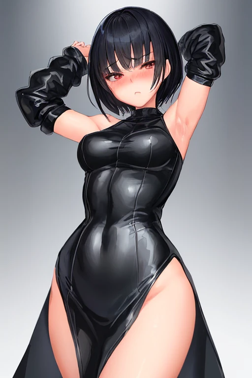 score_9, score_8_superior, score_7_superior, sauce_anime,One girl, short hair, Black Hair , Brown eyes, Ninja Girl, Ninja costume, dress, Pause