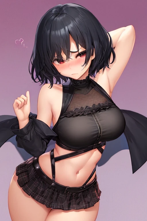 nsfw,1girl,Solo,upper body,black hair,red eyes,bare breasts,(Criss Cross:1.3),breasts out,Covered nipples big breast,attractive,masterpiece,best quality,very aesthetic,absurdres ,front view,looking at viewer