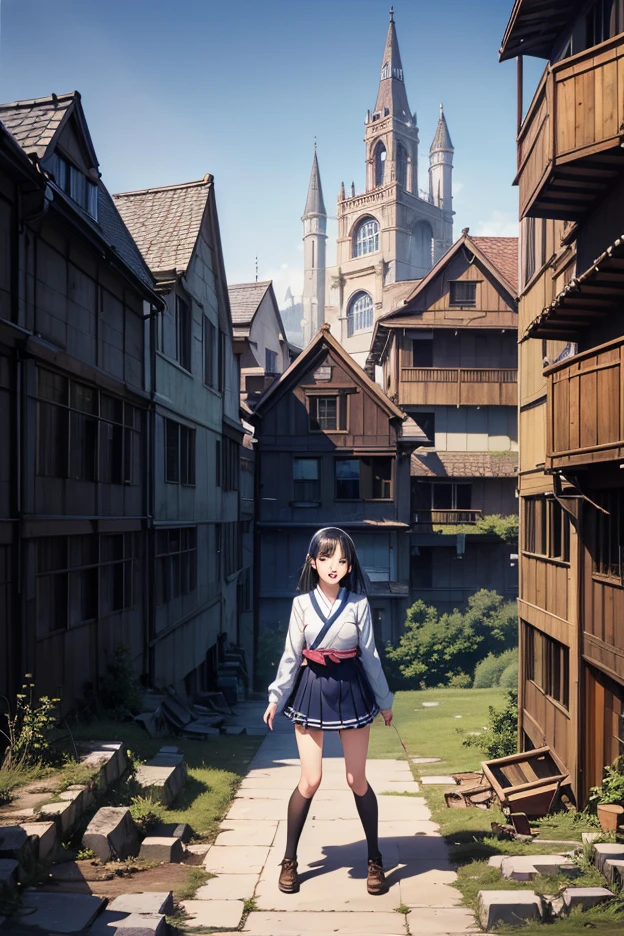 Ayami Kojima, Jurgen Ziewe, Paul Delvaux, Kunio Okawara, Shigeru Hatsuyama, Surrealism, wonder, strange, fantastical, fantasy, Sci-fi, Japanese anime, landscape with ruins in the future, towers of empty shells, comets that have fallen to the ground, geometry dancing in the air, bicycle trip of a beautiful high school girl in a , close up, perfect voluminous body, detailed masterpiece 