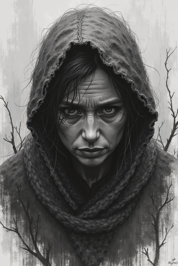 Can you make a grayscale sketch about a mother in adversity