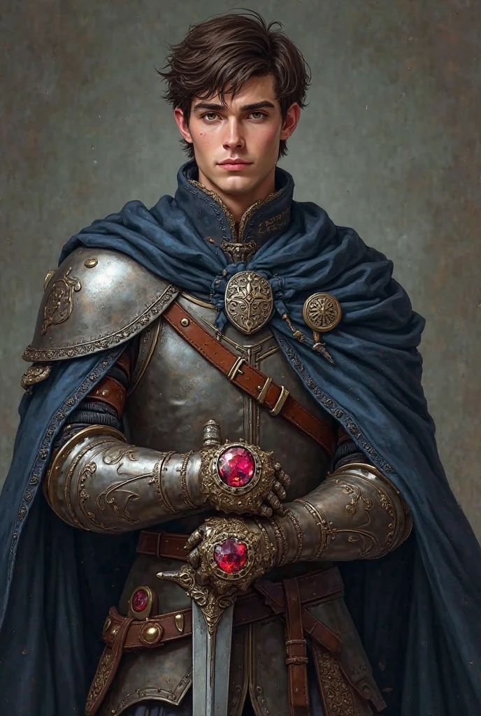 Young male fantasy warrior, around 22 years old, tall and well-built with a regal posture. Light skin with a noble bearing, short, slightly tousled dark brown hair, and sharp amber eyes filled with determination. He wears a practical but refined armor set — not full plate, but well-crafted steel with leather elements, showing he values both protection and movement. His clothing has hints of his noble origins: a dark blue cape with a subtle crest, ornate belt, and silver trimming on his armor. On his right hand, he wears a distinct enchanted gauntlet, featuring a large ruby gem embedded in the center, glowing faintly with ancient runes — a unique magical artifact that radiates power. A longsword rests at his side, simple but masterfully forged. His stance is upright, proud but not arrogant — a young man redefining himself beyond his bloodline. Fantasy art style, high detail, cinematic lighting, slightly dramatic atmosphere that reflects his inner conflict and noble heart.