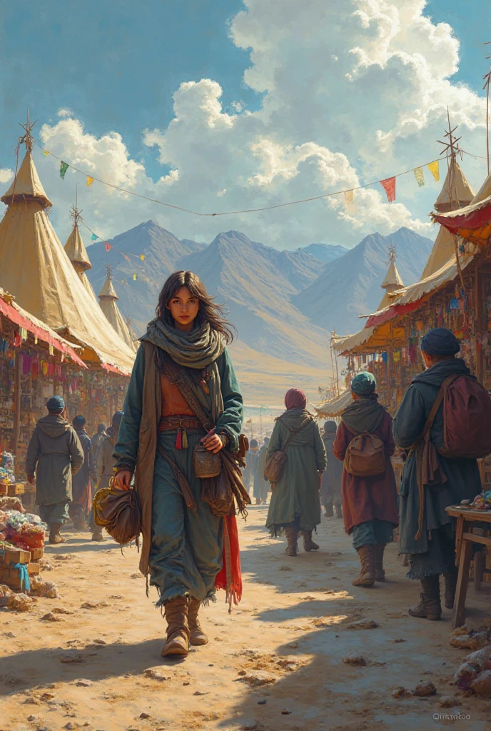 Generate me a female traveler who buys something at a market in Mongolia and a mongolian who steals her runs into her 
