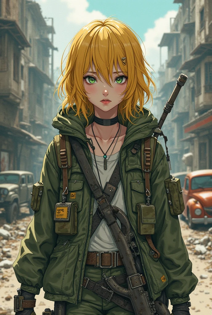  Survivor of a post-apocalyptic zombie world, anime style, yellow hair, green eyes, Soft lips, pele clara, military equipment and weapons ,  military clothing.
