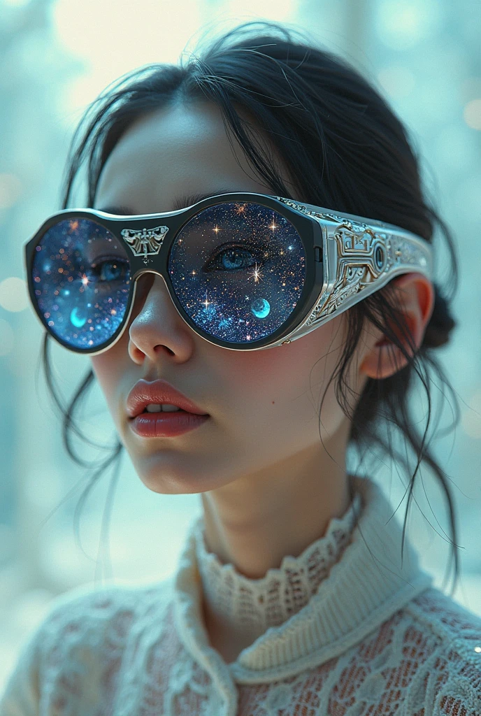 The model is wearing glass sunglasses with stars and the moon on the glass