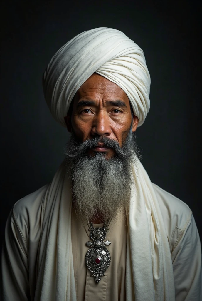 A young Indonesian man wears a white turban with a silver brooch on the front. His face is cute with a long gray beard. Lighting focuses on his face, dark background