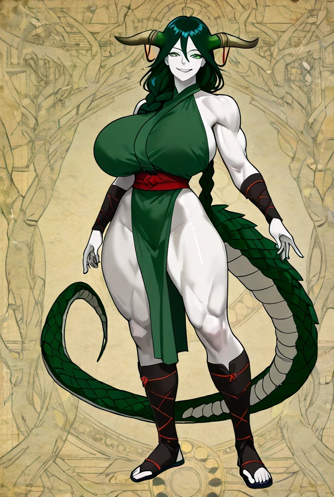 Cleopatra girl, pink ponytail hair, huge breasts, extreme muscular body, extreme muscular arms, extreme muscular tights, green scale skin, dragon horns, dragon wings, paws, 3 dragon tails.