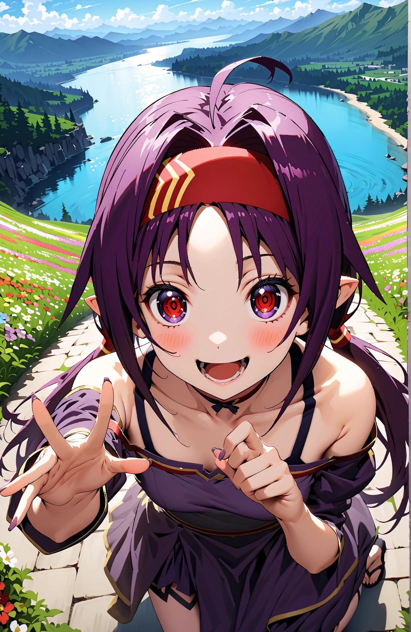 yuukikonno, yuuki konno, Headband, long hair, pointed ears, purple hair, red eyes,stupid hair,Low Twin Tails,smile,blush,open your mouth,Purple off-shoulder dress ,Purple Long Skirt ,Heeled Sandals,standing,Flower Field,Mountain,river,full bodyがillustrationsに入るように,break outdoors,nature,
break looking at viewer,full body,
break (masterpiece:1.2), top quality, high resolution, Unity 8k 壁紙, (illustrations:0.8), (beautiful detailed eyes:1.6), highly detailed face, perfect lighting on the table, extremely detailed CG, (perfect hand, Perfect Anatomy),