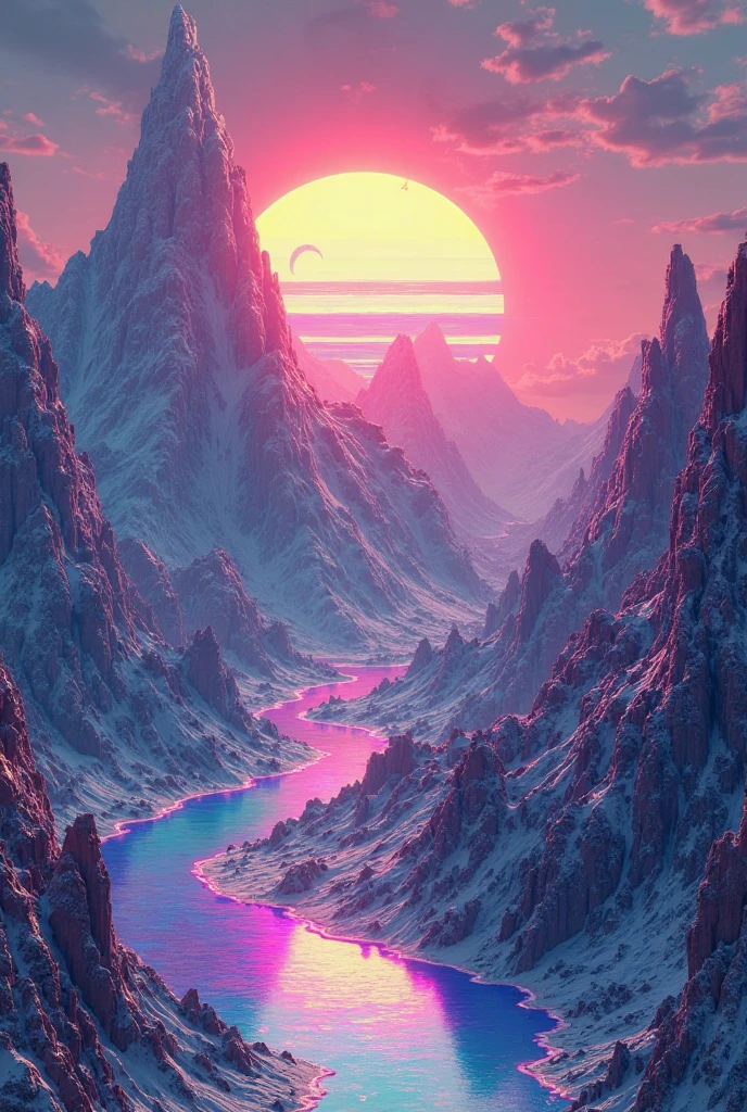 A vaporwave mountain range, with sharp, jagged peaks made of crystalline data, and a sun that glitches as it rises, casting rainbow reflections.

